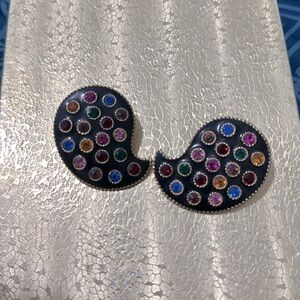 Vintage Multi Colored  Gold Tone Rhinestone Paisley Earrings